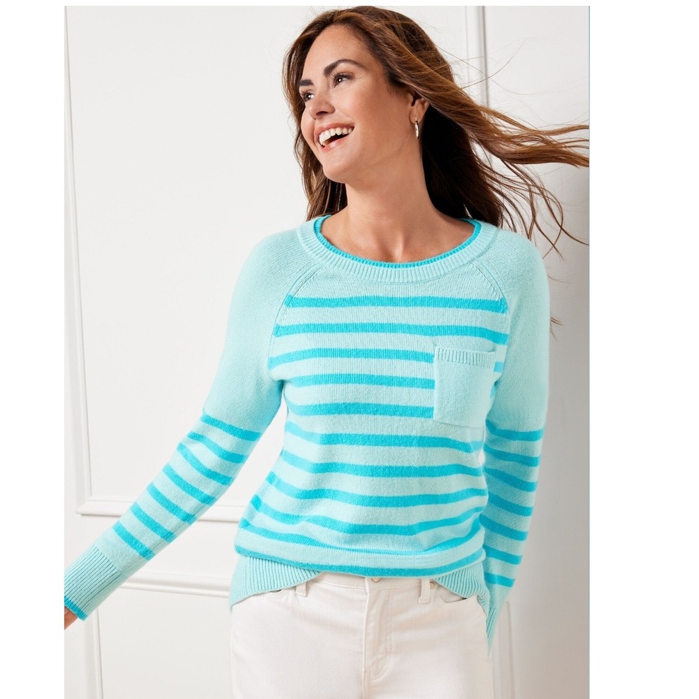 Talbots Women Striped Crew Neck Long Sleeve Sweater Light Blue Aqua wool blend S